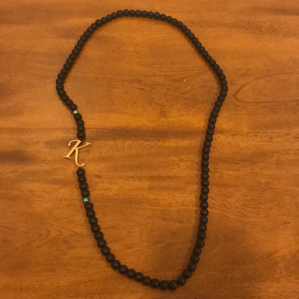 Long Black Beaded “K” Necklace